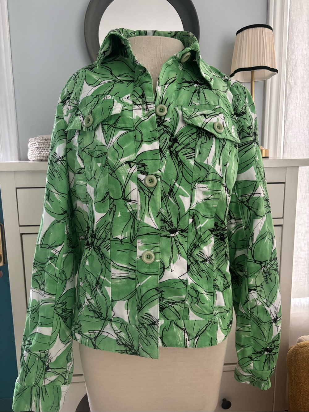 Rafaella Green Floral Button-Up Jean Jacket